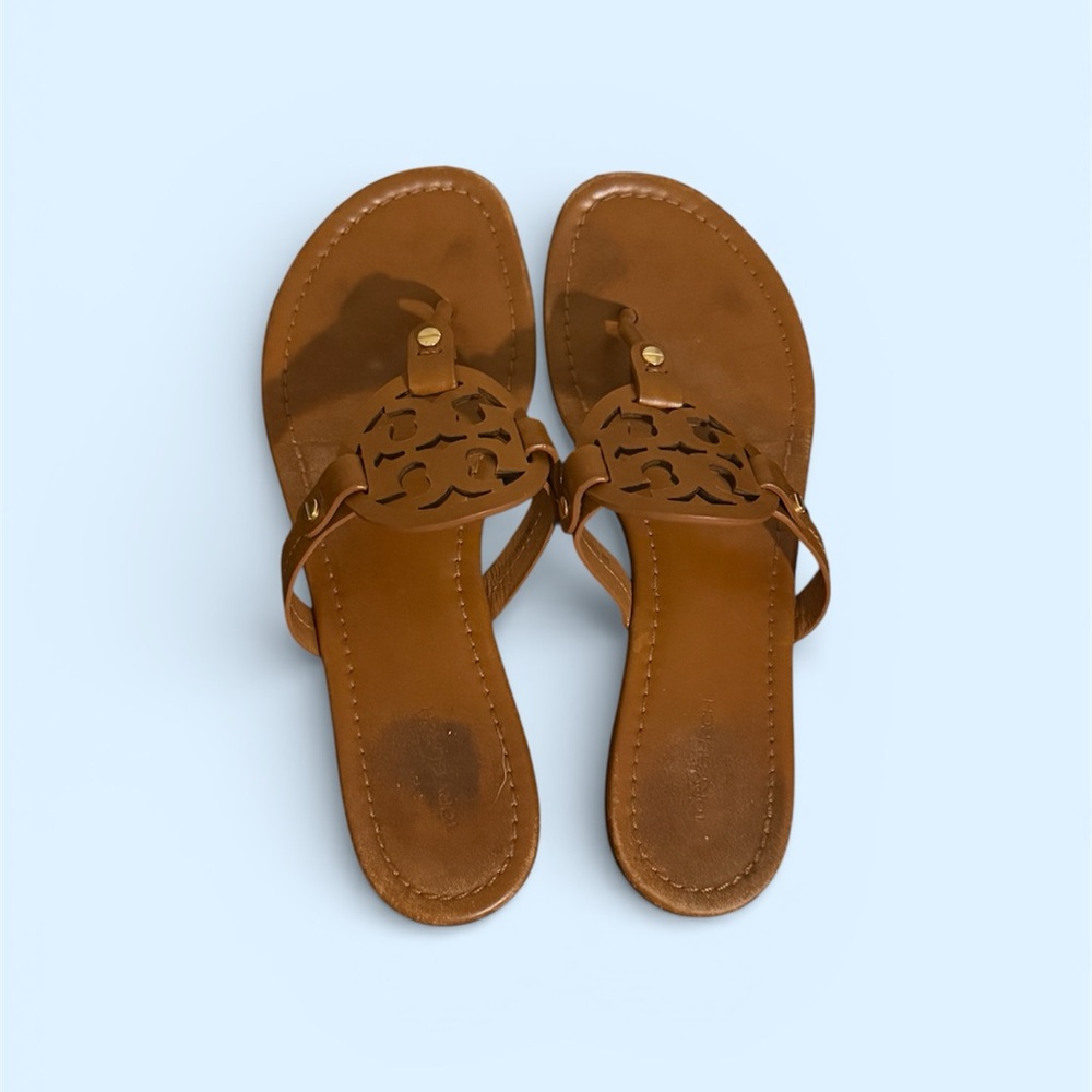 Tory Burch Tan Leather Cutout Logo Toe-Post Sandals